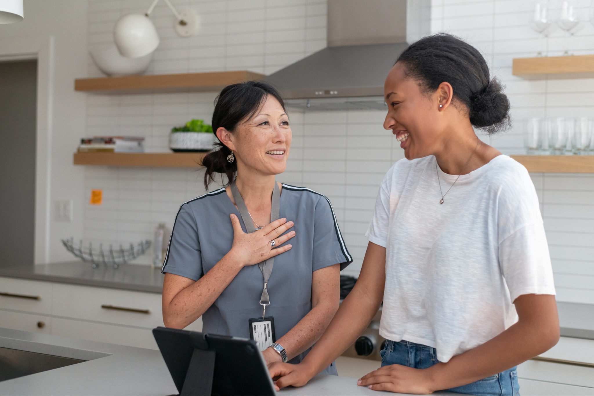 Caretaker having awesome conversation with another caretaker 